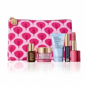 Estée Lauder 6pc Pink Cosmetic Travel Pouch with Skincare & Lip Set